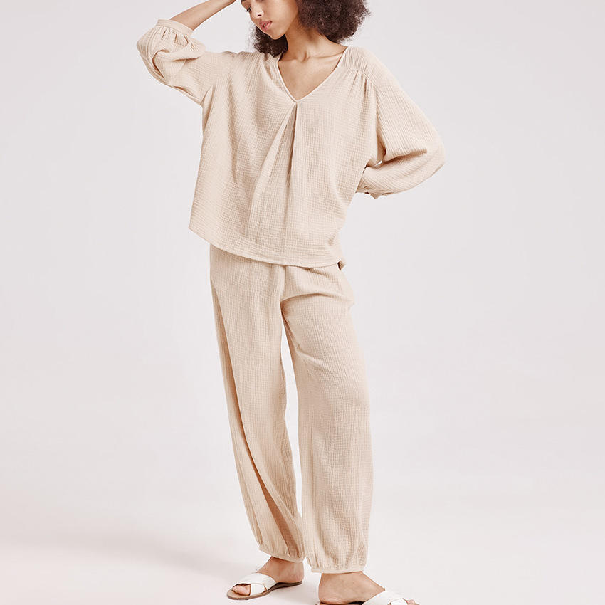 Women’s Cotton-Linen Home Wear Set with V-Neck Top and Relaxed Pants SP11