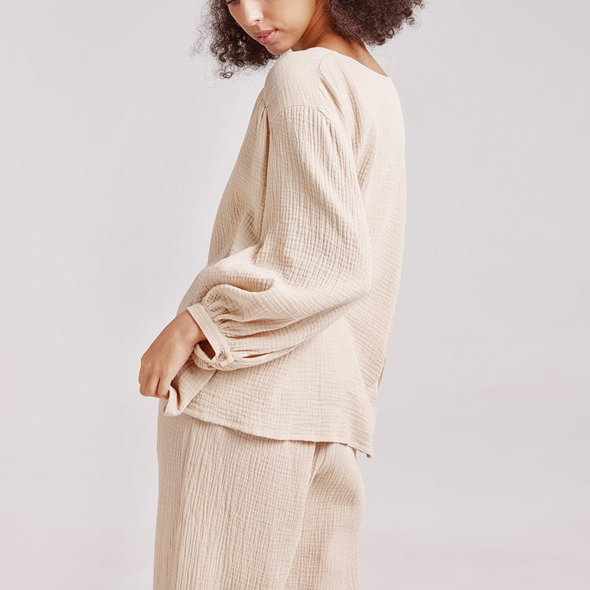 Women’s Cotton-Linen Home Wear Set with V-Neck Top and Relaxed Pants SP11