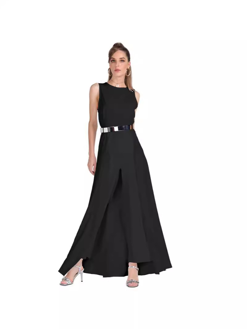 Elegant Sleeveless High-Low Dress with Metallic Belt Detail