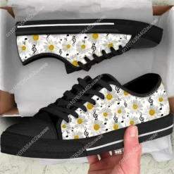 Black Daisy Music Note Sneakers - Floral Sheet Music Canvas Shoes for Women