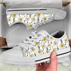 White Daisy & Music Note Sneakers - Floral Sheet Music Canvas Shoes for Women