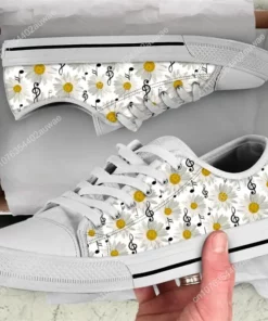 White Daisy & Music Note Sneakers - Floral Sheet Music Canvas Shoes for Women