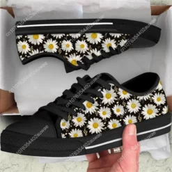 Black Daisy Music Note Sneakers - Floral Sheet Music Shoes for Musicians