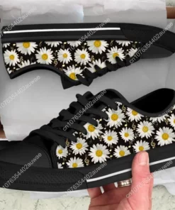 Black Daisy Music Note Sneakers - Floral Sheet Music Shoes for Musicians