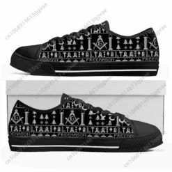 Freemasonry Square and Compasses Sneakers - Men's & Women's Black Canvas Low Tops, Masonic Ugly Sweater Pattern Shoes, Unique Brother Mason Gift