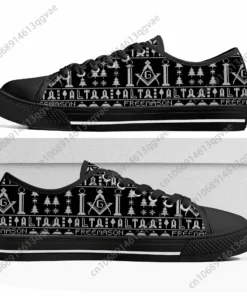 Freemasonry Square and Compasses Sneakers - Men's & Women's Black Canvas Low Tops, Masonic Ugly Sweater Pattern Shoes, Unique Brother Mason Gift