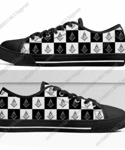 Freemasonry Checkerboard Sneakers - Custom Black & White Masonic Shoes, Square and Compasses Print, Men's & Women's Low Top Canvas Footwear