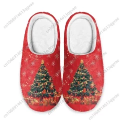 Festive Christmas Tree Red Plush House Slippers - Cozy Holiday Indoor Shoes