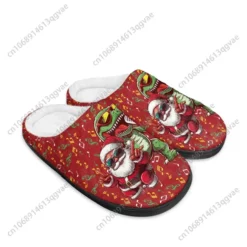 Festive Santa Claus & Dinosaur Print Plush Slippers - Cozy Red Christmas House Shoes