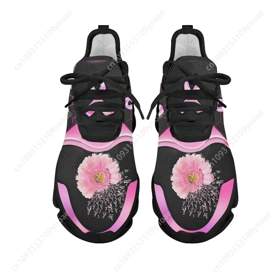 Women's Breast Cancer Awareness Pink Ribbon Flower Mesh Sneakers - Lightweight Walking Shoes