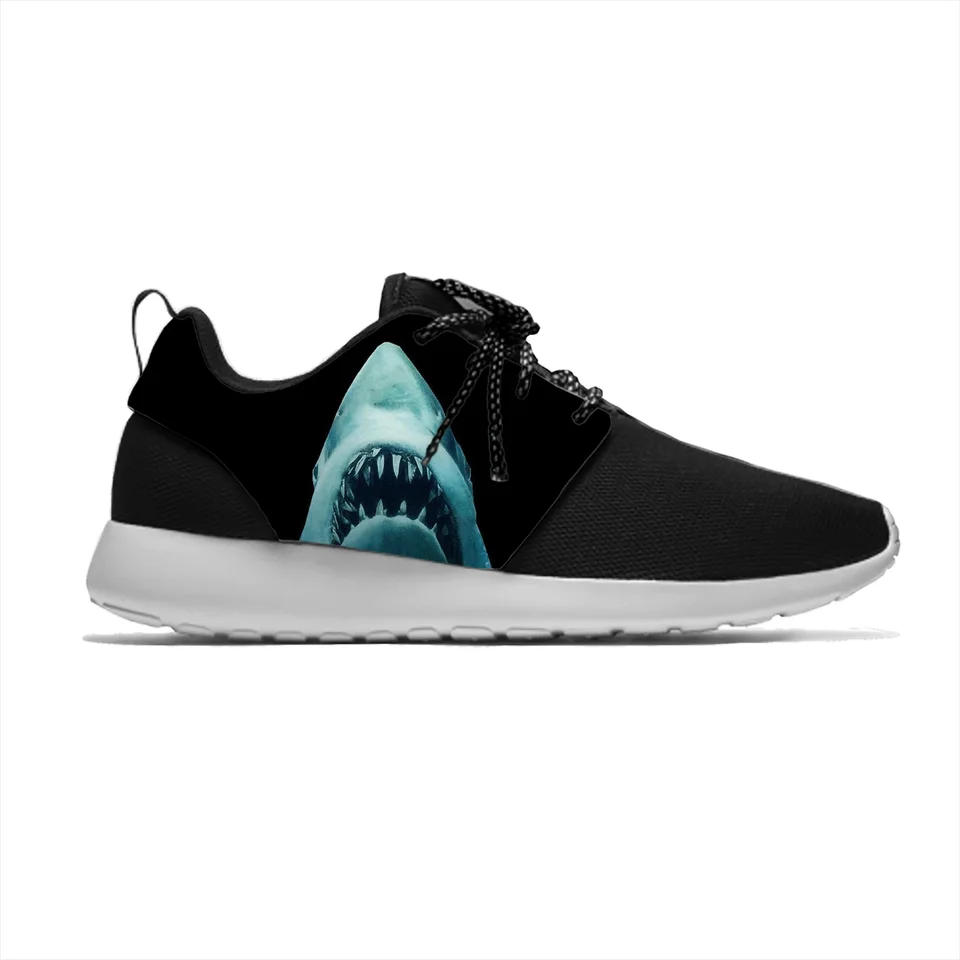 Unisex Great White Shark Graphic Black Lightweight Mesh Running Sneakers - Ocean Theme Walking Shoes