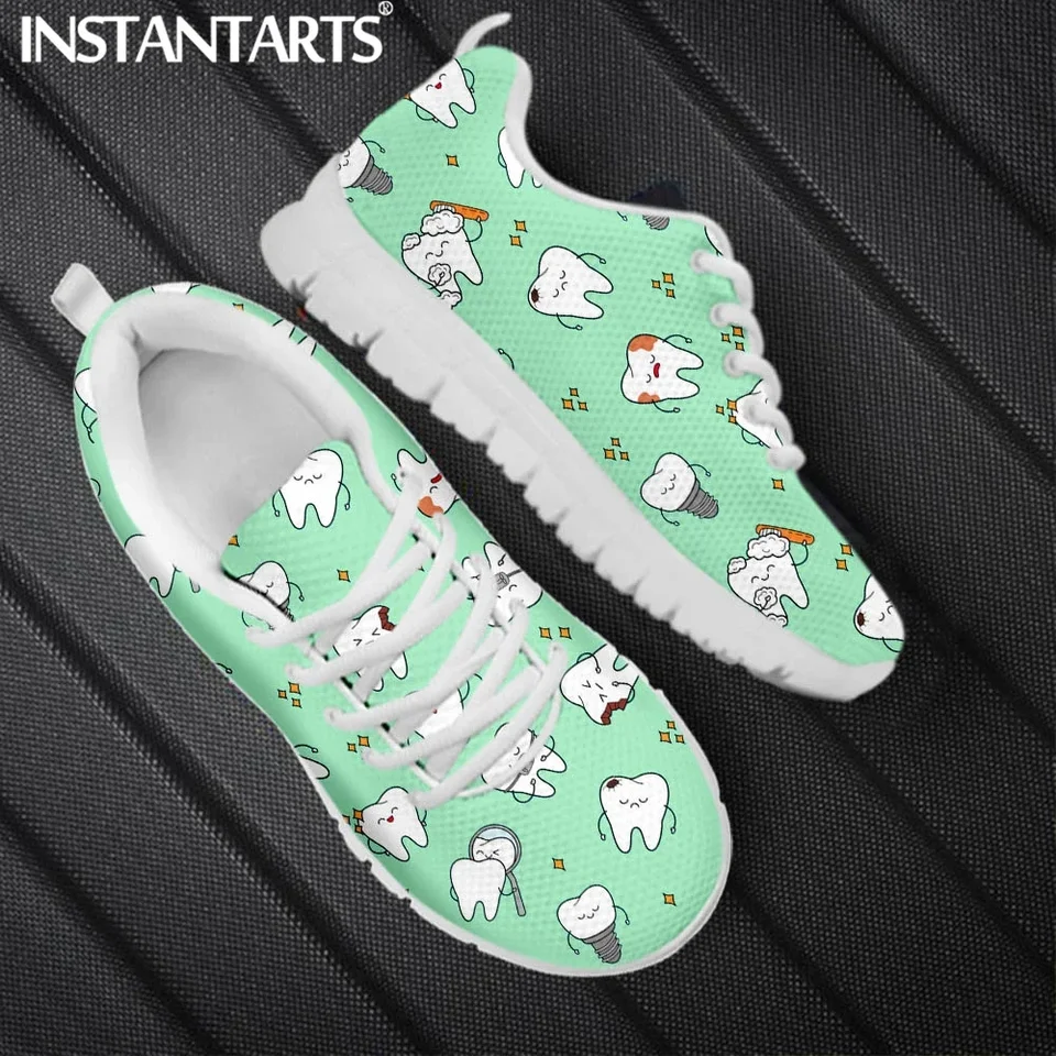INSTANTARTS Cartoon Dentist Tooth Print Sneakers - Mint Green Lightweight Walking Shoes