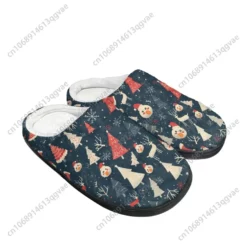 Christmas Patterned Plush House Slippers for Winter - Festive Snowman and Reindeer Print Fleece-Lined Indoor Shoes