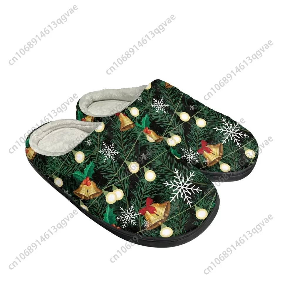Christmas Festive Plush Lined Slippers - Winter House Shoes with Pine, Snowflake, and Bell Pattern