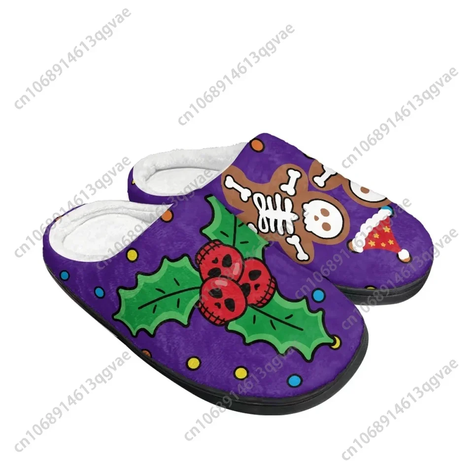 Spooky Christmas Skeleton Gingerbread & Skull Holly Purple Plush House Slippers