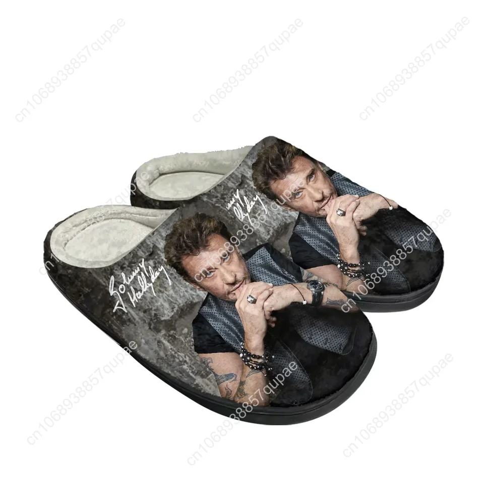 Johnny Hallyday Portrait Plush Fleece Slippers - Iconic Rock Star Indoor House Shoes