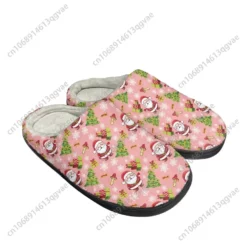 Festive Pink Christmas Santa Claus & Tree Pattern Plush House Slippers