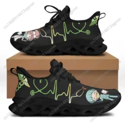 Women's Medical Nurse Cartoon Print Sneakers - Black EKG Heartbeat Design Lightweight Walking Shoes