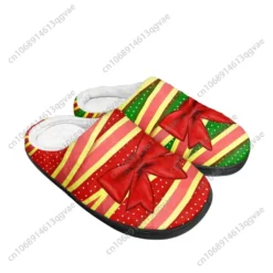 Christmas Ribbon Bow Plush Slippers - Festive Red & Green Striped Holiday Indoor Shoes