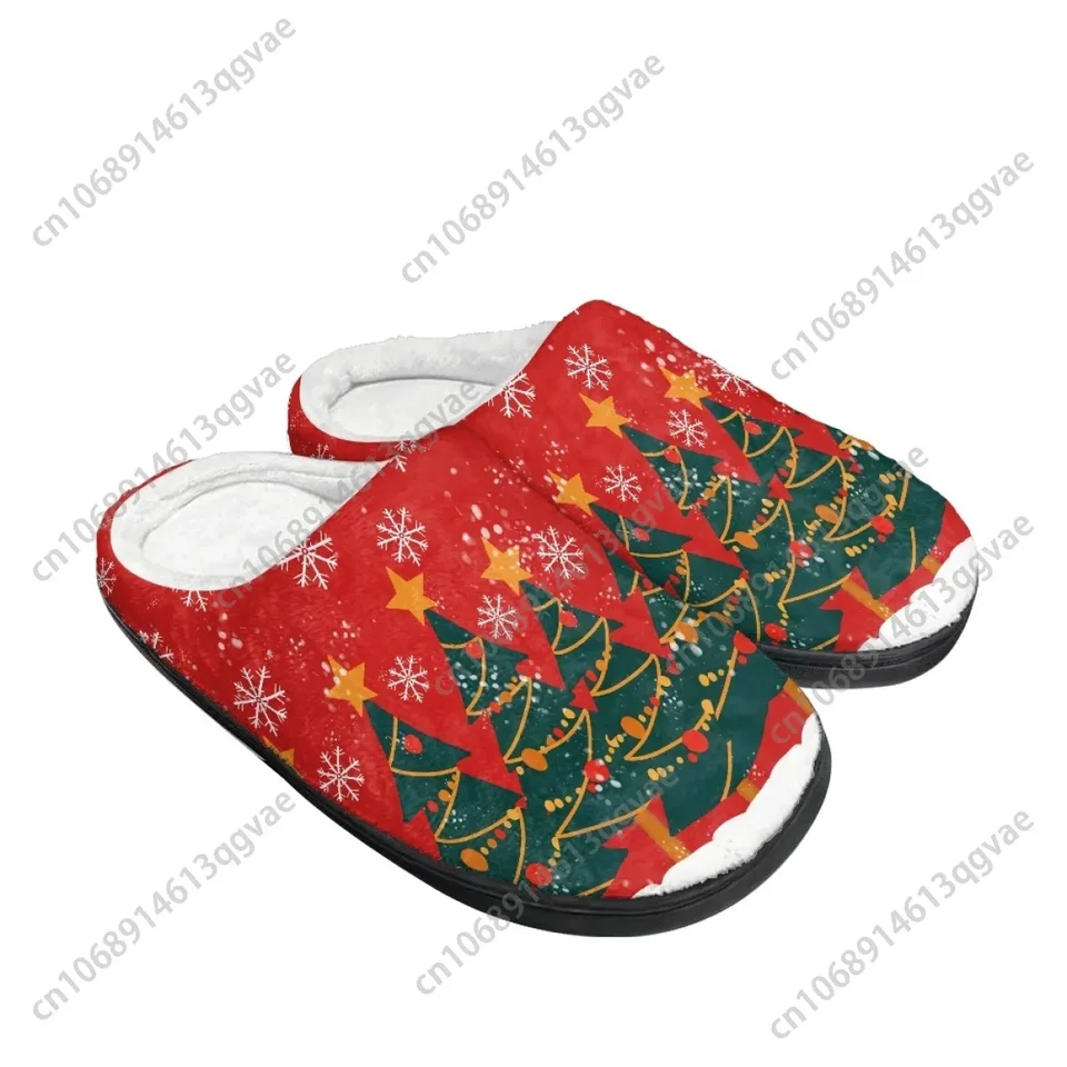 Festive Christmas Tree Print Plush House Slippers - Cozy Red Holiday Clogs