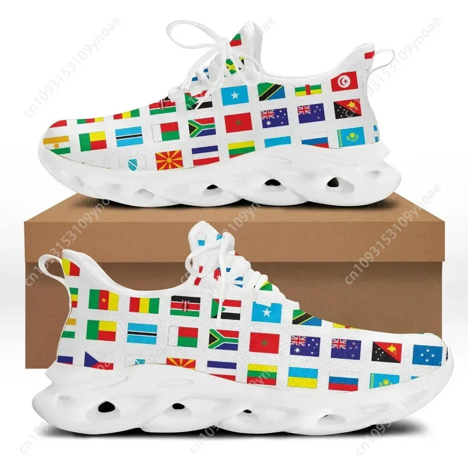World Flag Print Men's Lightweight Breathable Running Sneakers - White