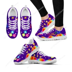 Purple Teacher-Themed Lightweight Walking Sneakers - ABC & Colored Pencil Design