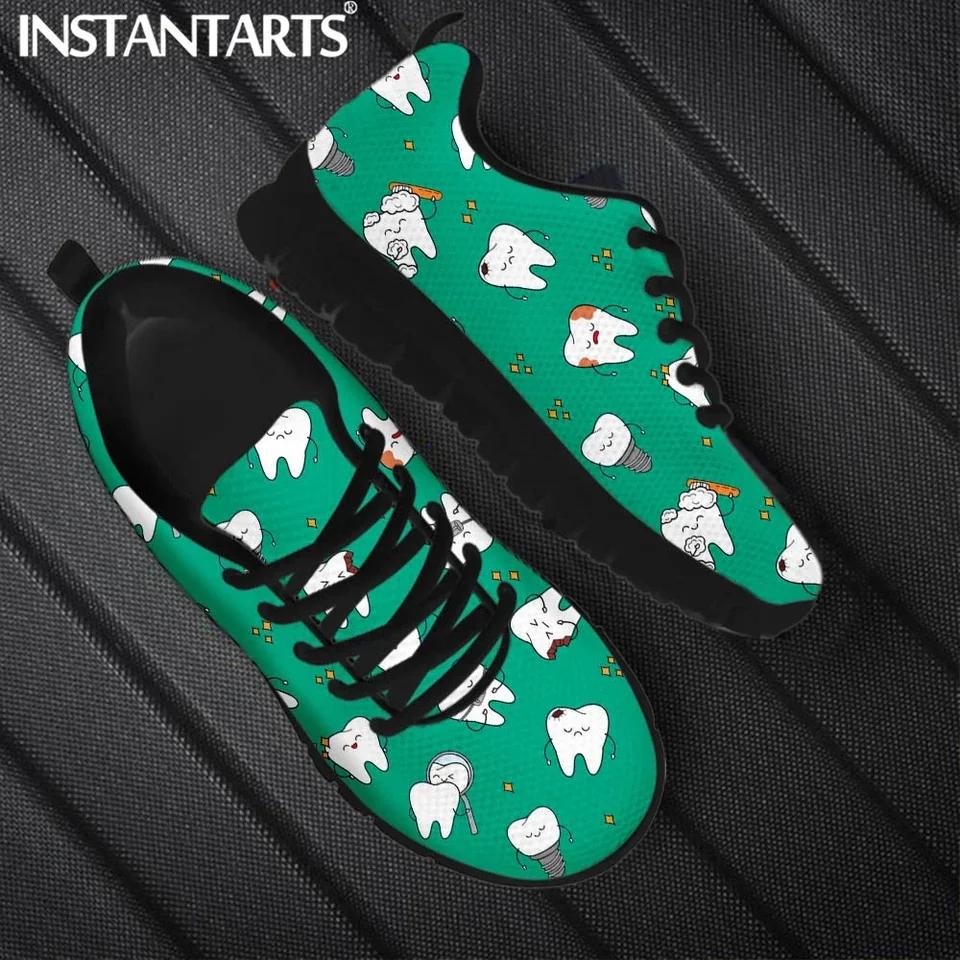 Instantarts Green Cartoon Tooth Pattern Sneakers - Comfortable Dental Professional Shoes