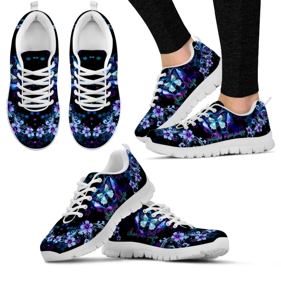 Butterfly Suicide Awareness Choose Life Women's Sneakers - Purple/Blue Floral Print Running Shoes