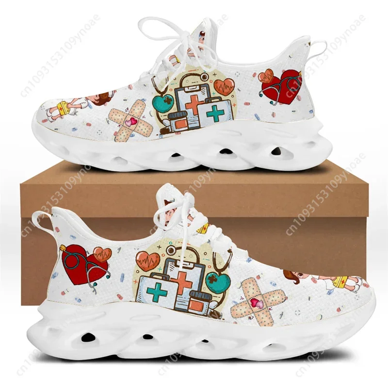 Women's Medical Nurse Theme Sneakers - Lightweight Breathable Walking Shoes with Cartoon First Aid Print
