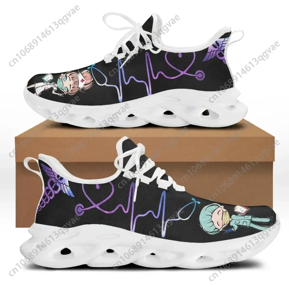 Women's Nurse Print Sneakers - Breathable Lightweight Nursing Walking Shoes with EKG Heartbeat Design