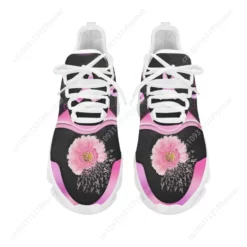 Breast Cancer Awareness Pink Ribbon Floral Women's Sneakers - Black Mesh Lace-Up Running Shoes