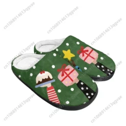 Festive Christmas Holiday Plush Slippers - Green with Cake and Gift Design
