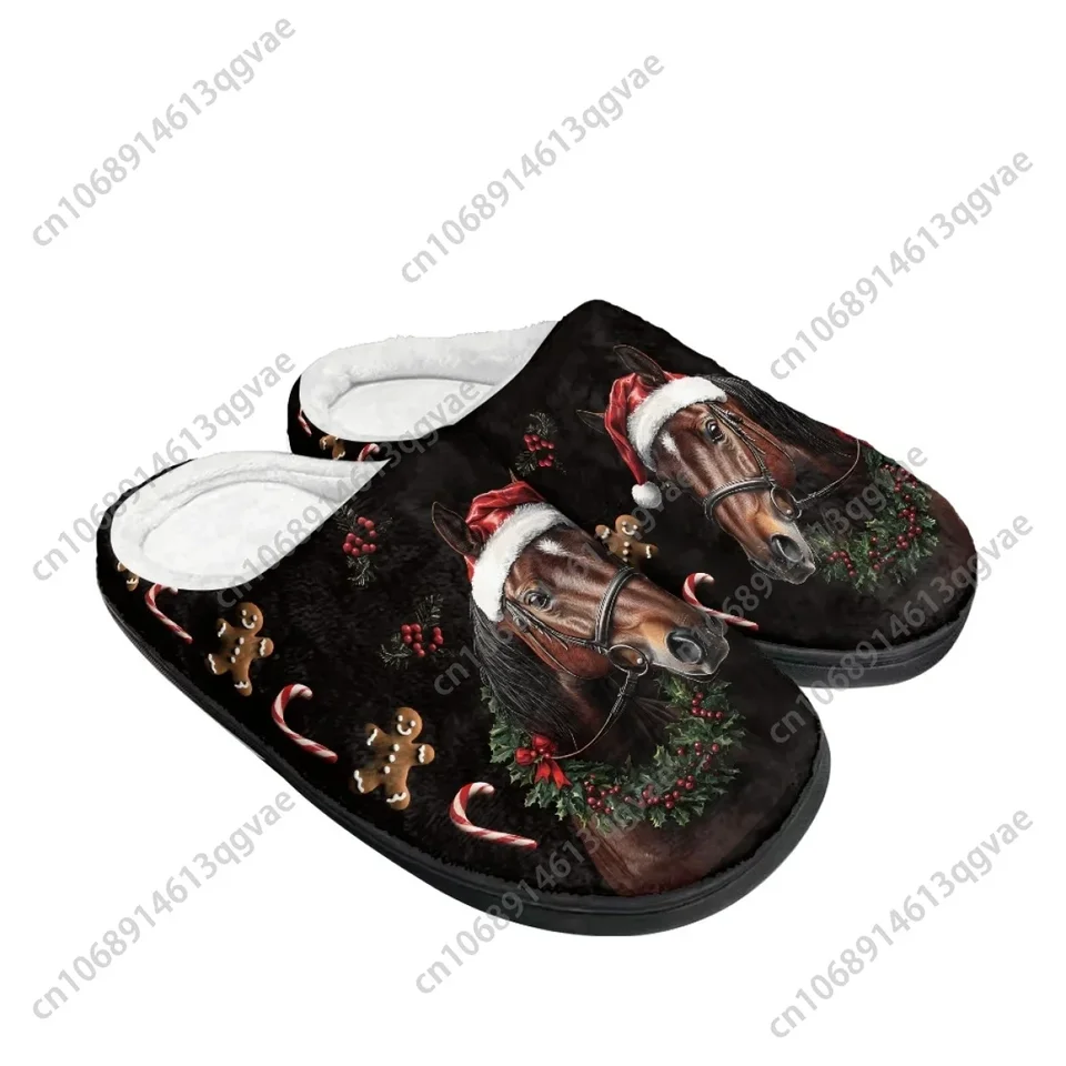Christmas Horse Print Plush House Slippers - Festive Holiday Winter Indoor Shoes for Horse Lovers