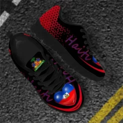 Haiti Flag Heritage Men's & Women's Lightweight Running Sneakers - Black/Red Athletic Shoes with Coat of Arms