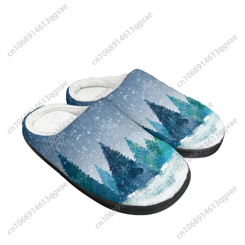 Winter Forest Snowy Pine Tree Print Fleece Lined House Slippers