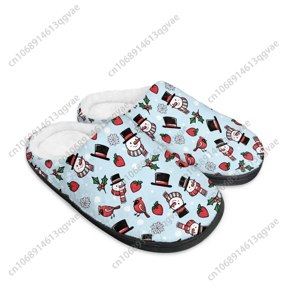 Festive Snowman and Cardinal Print Plush House Slippers - Light Blue Holiday Indoor Shoes