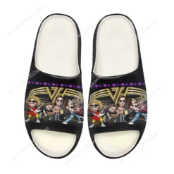 Van Halen Band Caricature Graphic Print Black Slides Sandals
