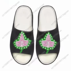 Alpha Kappa Alpha AKA Sorority Slide Sandals - Pink & Green Ivy Leaf Logo Black Slides