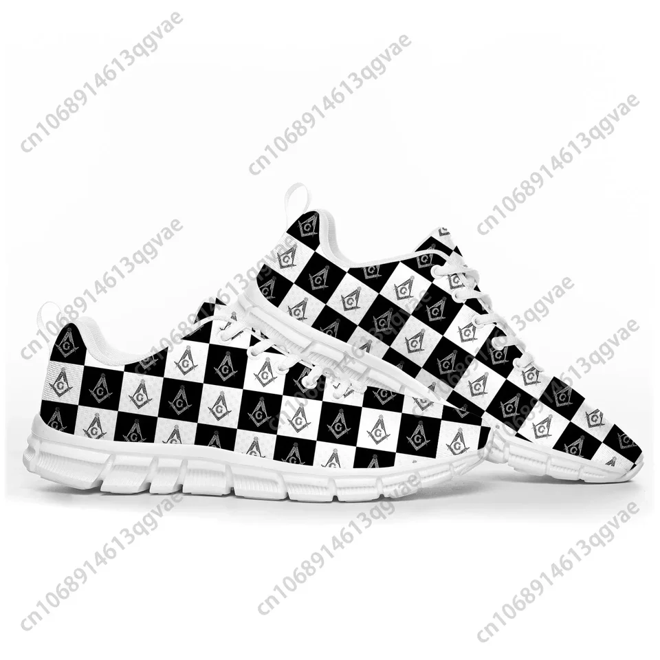 Men's Masonic Freemason Square and Compasses Checkerboard Running Shoes - Black & White