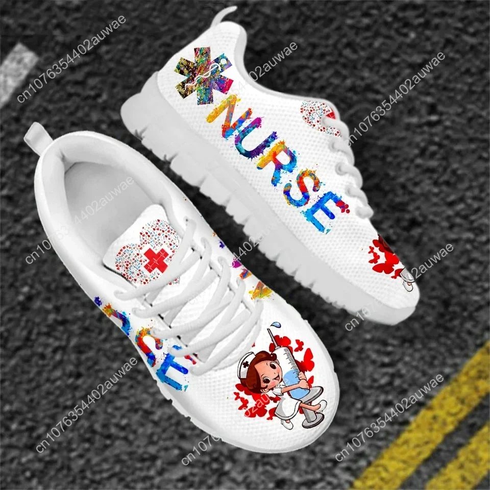 Nurse-Themed Colorful Graphic Print White Lightweight Nursing Sneakers for Women