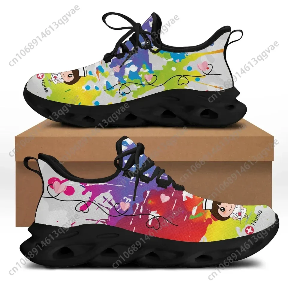 Women's Colorful Nurse Print Lightweight Running Shoes - Paint Splatter Design Walking Sneakers