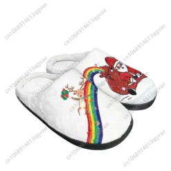 Festive Santa and Reindeer Rainbow Plush House Slippers - Cozy Winter Indoor Shoes
