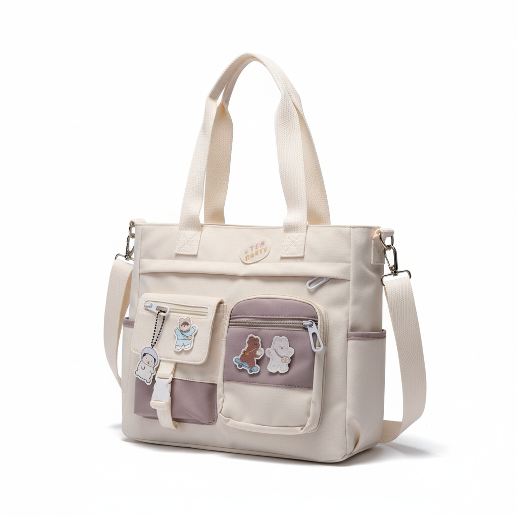 Waterproof Canvas Women's Shoulder Bag - Multi-Pocket Nylon Tote & Crossbody Messenger Bag for Girls, Versatile Satchel Handbag - Cream