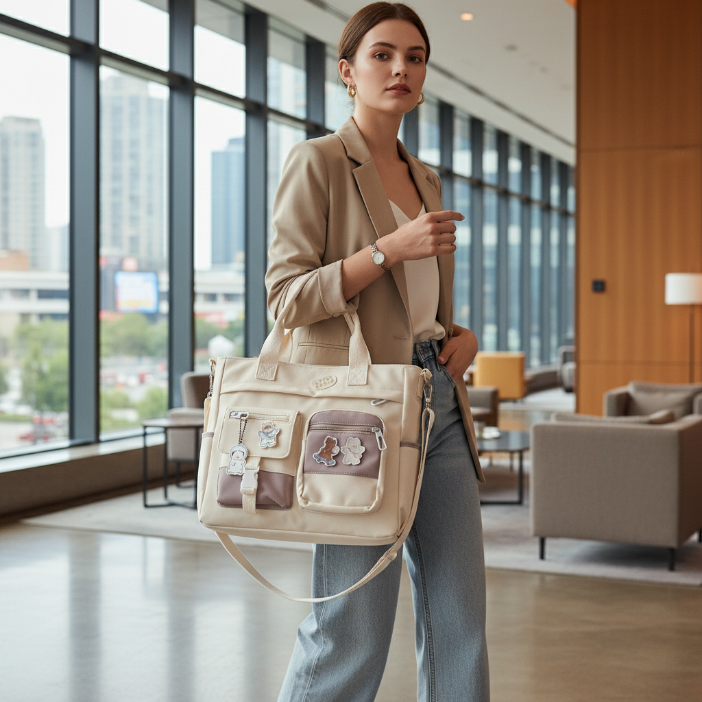 Waterproof Canvas Women's Shoulder Bag - Multi-Pocket Nylon Tote & Crossbody Messenger Bag for Girls, Versatile Satchel Handbag - Cream - Image 3