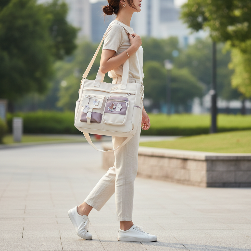 Waterproof Canvas Women's Shoulder Bag - Multi-Pocket Nylon Tote & Crossbody Messenger Bag for Girls, Versatile Satchel Handbag - Cream - Image 4