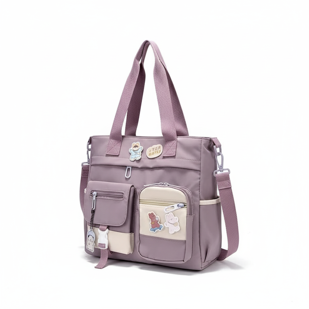 Women's Waterproof Canvas Multi-Pocket Shoulder Bag - Purple Nylon Tote Messenger Crossbody Bag for Girls, Versatile Oxford Satchel