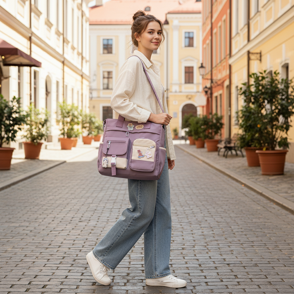 Women's Waterproof Canvas Multi-Pocket Shoulder Bag - Purple Nylon Tote Messenger Crossbody Bag for Girls, Versatile Oxford Satchel - Image 4