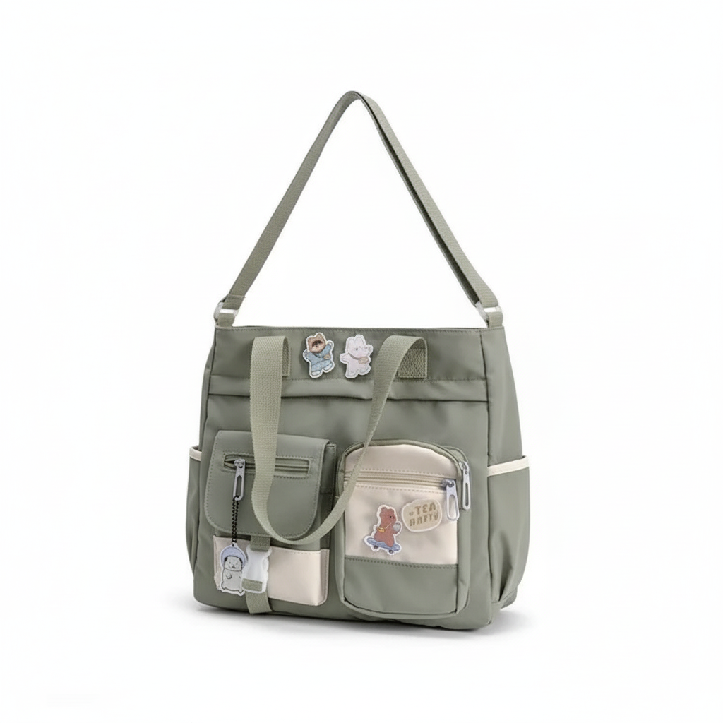 Waterproof Nylon Canvas Shoulder Bag for Women & Girls - Large Multi-Pocket Crossbody Tote Messenger Bag Satchel, Sage Green