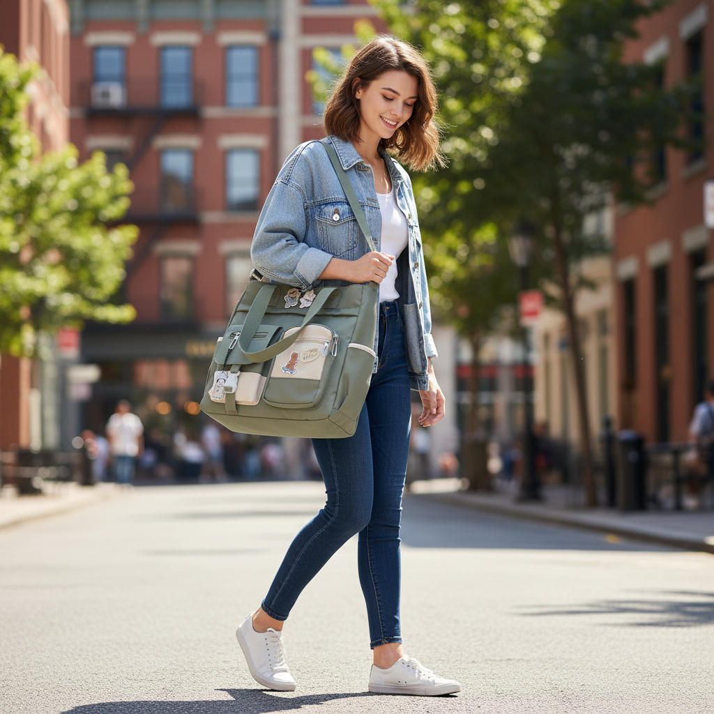 Waterproof Nylon Canvas Shoulder Bag for Women & Girls - Large Multi-Pocket Crossbody Tote Messenger Bag Satchel, Sage Green - Image 4