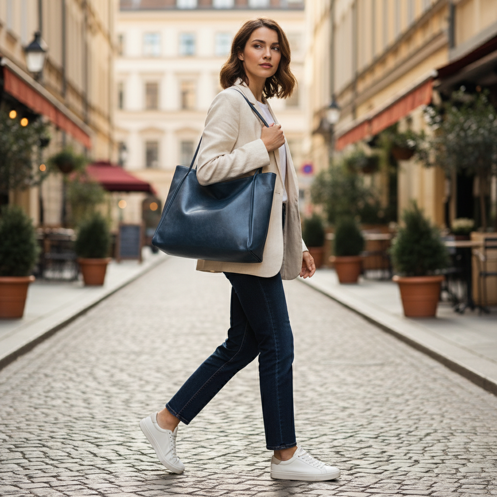 Women's Large Capacity Blue Soft PU Leather Tote Bag - Retro Casual Shoulder & Crossbody Bag - Image 4